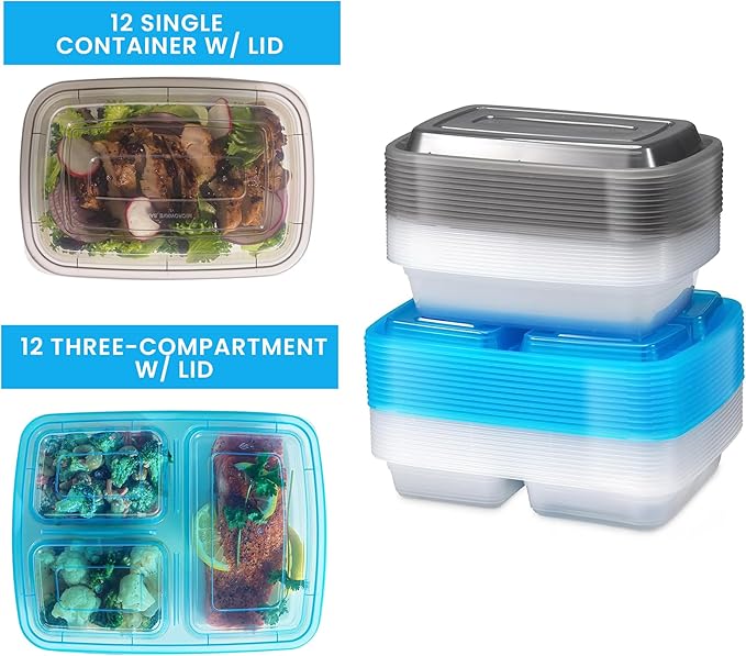 Food Storage Containers With Lids - (24 Pack-32 Oz) 12- 3 Compartment Meal Prep Containers Reusable Or Disposable & 12- Single Food Storage Bento Boxes, Bpa Free, Microwave, Freezer, Dishwasher Safe