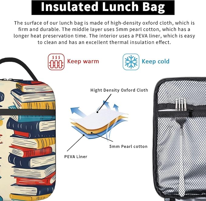 Insulated Lunch Box for Women Men, Book Theme Lunch Box Reusable Portable Lunch Bag Cooler Tote Waterproof Lunch Container for Office Picnic Work Travel Hiking