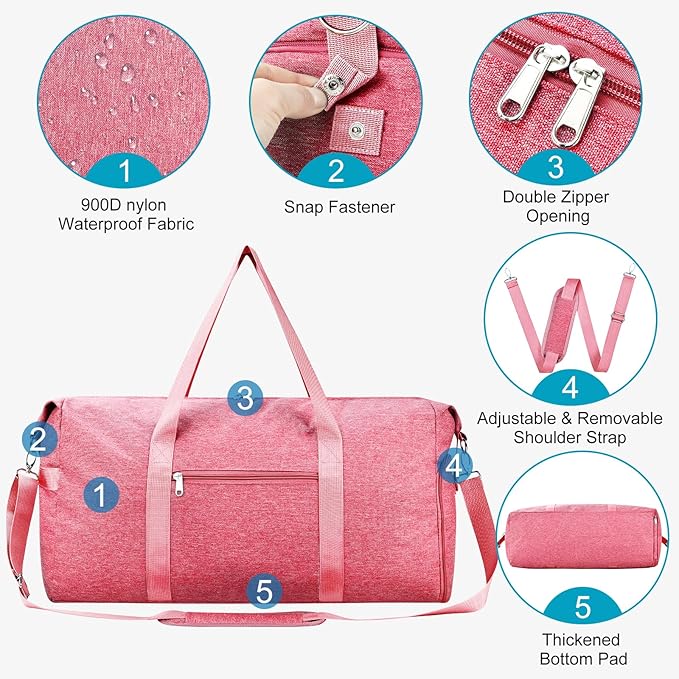 Carry on luaggage 22x14x9 Airlines Approved, Foldable Travel Duffel Bags Weekender Overnight Carry on Duffel Luggage Gym Duffle Bag with Wet Pocket & Shoe Compartment for Women Men(Pink, 40L)
