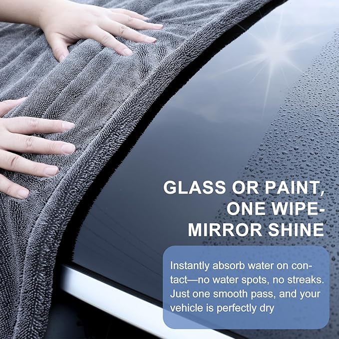 2 Pack XL Car Drying Towel – 1300GSM Ultra Absorbent Microfiber, 24"x36" Large Size, Twisted Loop, Lint-Free & Streak-Free for Auto Detailing, Car, SUV, Truck (Gray-Gray)