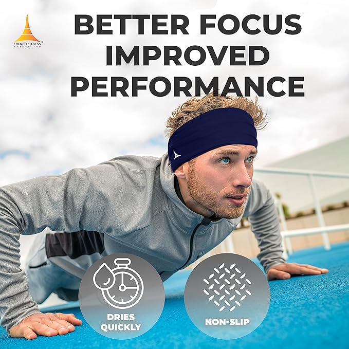 French Fitness Revolution - Stretchy Sports Headband for Men & Women - Guys Sweatband for Running, Cycling, Basketball, Yoga, Fitness - Moisture Wicking Workout Hairband - Made in Europe