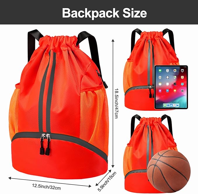 Hoedia Sports Drawstring Backpack - String Swim Gym Bag with Shoes Compartment and Wet Proof Pocket for Women&Men (Red)