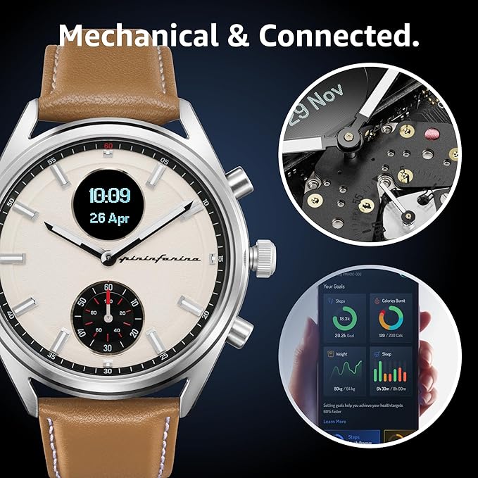 pininfarina Hybrid Sintesi Smart Watch, Heart Rate Monitoring, Fitness Tracker, Genuine Leather Strap, Sleep Monitoring, GPS Tracker, 30-Day Battery Life, Android & Apple Compatible