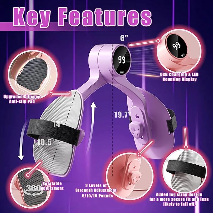 Thigh Master 2025 Upgraded,Inner Thigh Exerciser,Pelvic Floor Exercise Devices, Kegel Exerciser for Women with Resistance Band and Back Training Rope - 3 Strength Levels and LED Counting Display