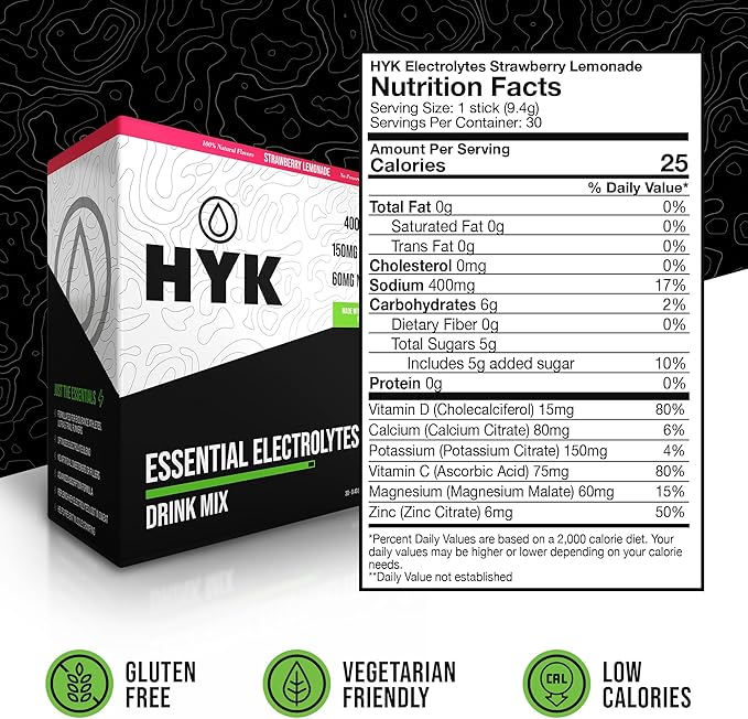 HYK Essential Electrolytes Powder Packets Instant Hydration for Endurance Athletes – Natural Electrolyte Drink Mix for Rapid Rehydration – Clean Hydration Powder – Strawberry Lemonade, 30 Stick Packs