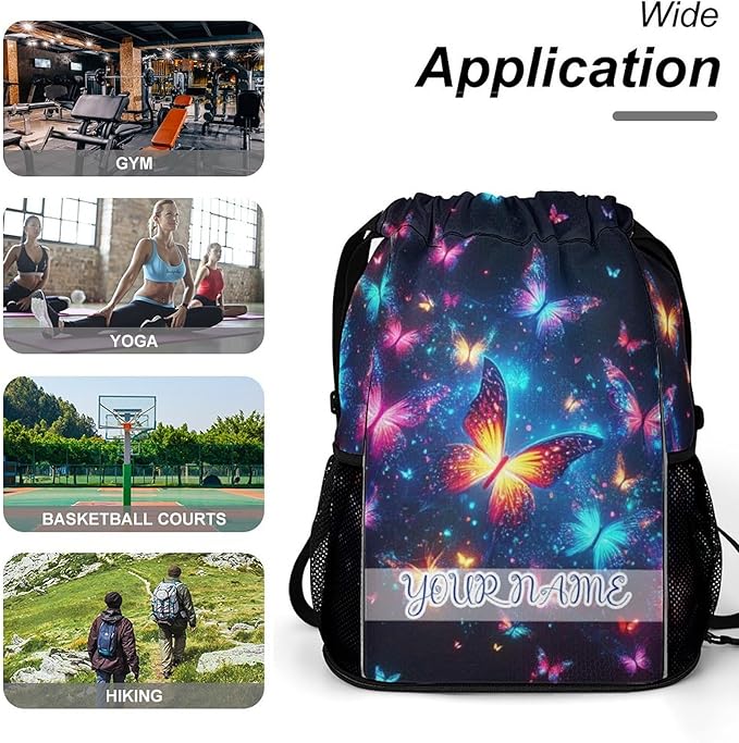 Custom Butterfly Drawstring Backpack - Cute Cinch Sack, String Backpacks with Pocket for Kids Boys Girls Women Men for Gym Outdoor Sports Travel Athletic Drawstring Bag - Lightweight/Foldable