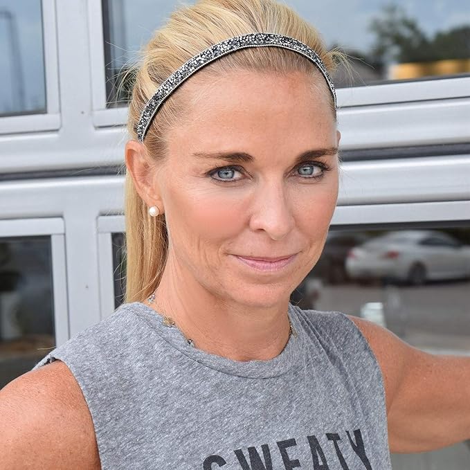 Sweaty Bands Womens Girls Headband - Non-Slip, Velvet-Lined Sparkly Hairband - Bling It Shine On Gunmetal 5/8-Inch