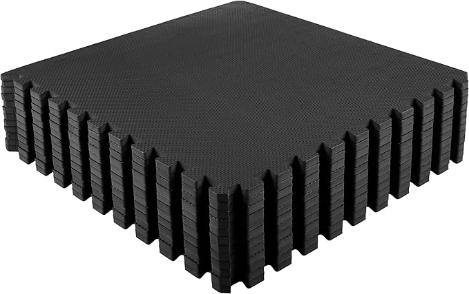 EVA Foam Mat Tiles 12-Pack - 48 SQ FT of Interlocking Padding for Garage, Playroom, or Gym Flooring - Exercise Mat or Baby Playmat by Stalwart (Black)