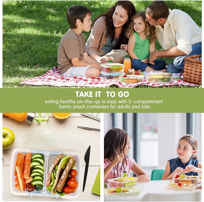 4 Pack Plastic Snack Containers with Lids, 2 Compartment Food Container for Kids Snack Box, Travel Bento Lunch Containers with forks for Fruits/Candies, Divided Food Storage Containers for School