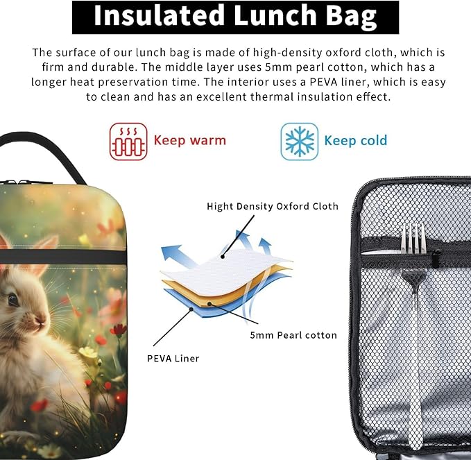 Insulated Lunch Box for Women Men, Cute Bunny Lunch Box Reusable Portable Lunch Bag Cooler Tote Waterproof Lunch Container for Office Picnic Work Travel Hiking