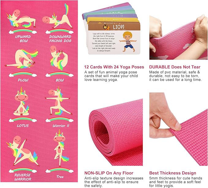 Garybank Kids Yoga Mat Set - Non-slip Exercise Mats with Fun Prints - 12 Yoga Cards - Carrier Bag - Odor Free Non-Toxic, Cute Yoga Mat for Girls & Boys (60 X 24 X 0.2 Inch)