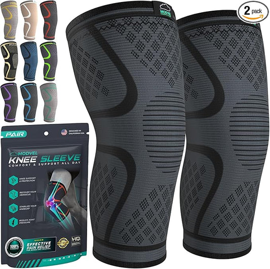 Modvel Compression Knee Brace for Women & Men, 2-Pack Knee Brace for Running Knee Pain, Knee Support Compression Sleeve, Workout Sports Knee Braces for Meniscus Tear, ACL & Arthritis Pain Relief
