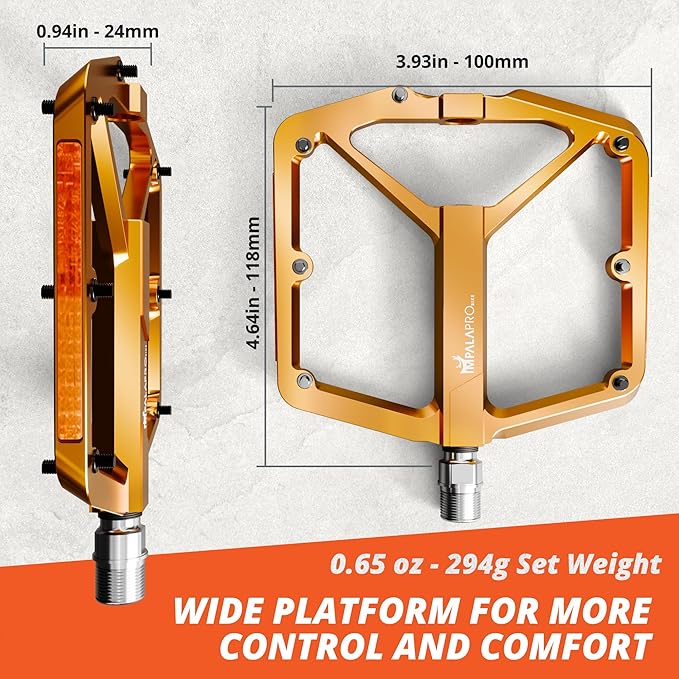Flat Bike Pedals with Reflectors CNC Aluminium 9/16” – MTB Pedals with Extra Wide Platform and Removable Anti-Slip Pins – Lightweight Pedals for Mountain Bike & Road Bike 294 g
