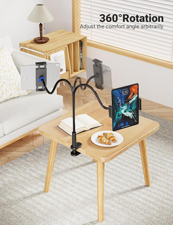 Flexible Gooseneck Tablet Holder, 360° Adjustable Phone Mount with Sturdy Clamp for Desk/Bed/Kitchen, Compatible with iPad Air Pro Mini iPhone/Samsung Galaxy Tabs/4.7~12.9"