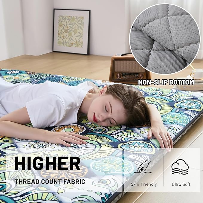 Japanese Floor Mattress Twin, Anti-Slip Japanese Futon Foldable Tatami Mat for Guests, Boho Green Checkered