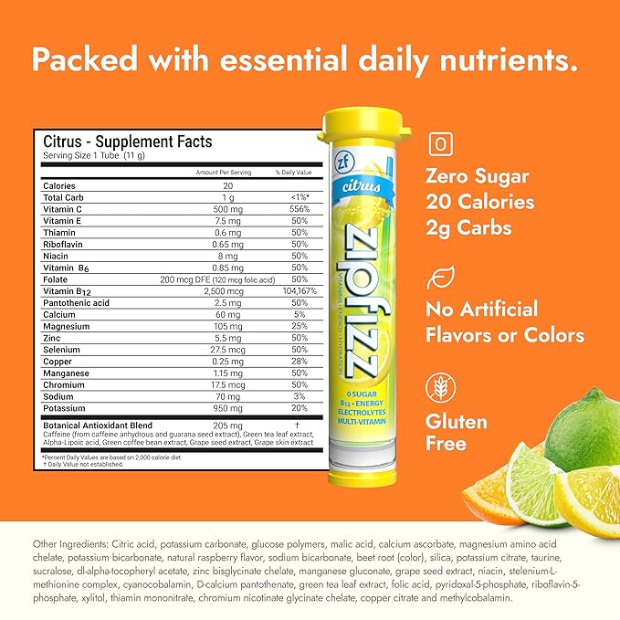 Zipfizz Daily Energy Drink Powder, Citrus, 20 Pack, 3-in-1 Sustained Energy, Rapid Hydration, and Essential Vitamins, Sugar-Free, Electrolyte Powder, Contains Vitamin B-12 & Antioxidants