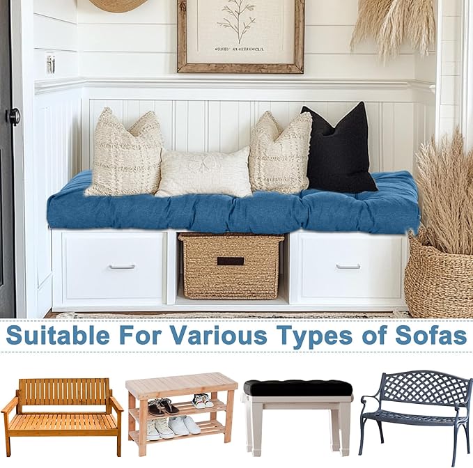 2 Pack Outdoor Bench Cushion Patio Waterproof Porch Swing Cushions Tufted Memory Foam Bench Seat Pads Thicken Non Slip for Outside Indoor Garden Furniture Wicker Loveseat Settee(Blue,42x16 Inch)