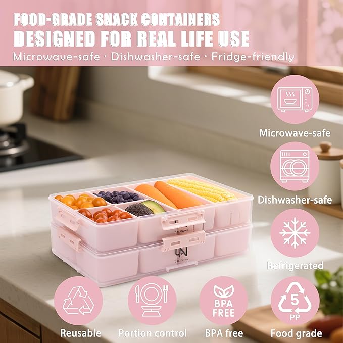 Stackable Snackle Box Container with 2 Lids - BPA-Free Snackle box Organizer, Dishwasher & Microwave Safe Reusable Snacklebox for Veggies, Fruits, Charcuterie, Snacks (Pink, 2 Pack)