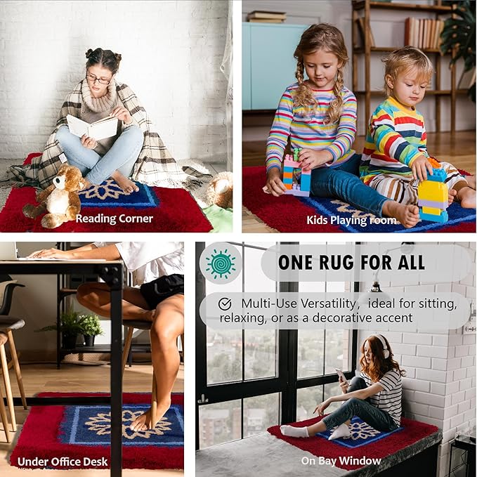 Himalayan Series Square Rug 3x3 | Luxury Meditation Rug Mat | Thick & Supportive Yoga Mat with Non-Slip Base | Decorative Carpet & Throw Rugs for Zen, Office & Living Room Burgendy/Blue