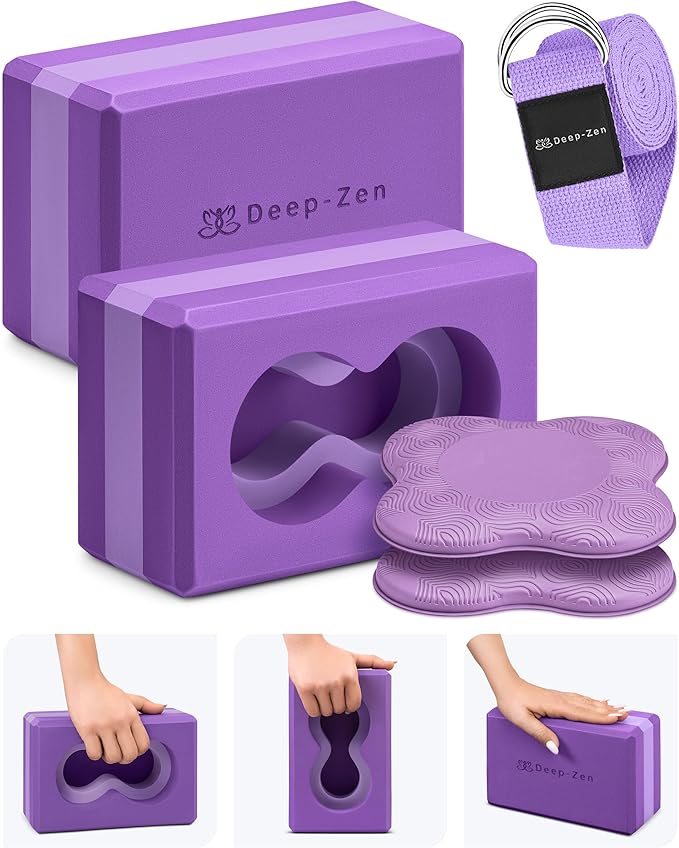 Deep-Zen® Yoga Blocks Wrist Support; Yoga Blocks 2 Pack with Knee Pads and Strap to Put Less Weight on Wrists; Durable, Versatile Yoga Brick Exercise Block Set, Blocks Yoga