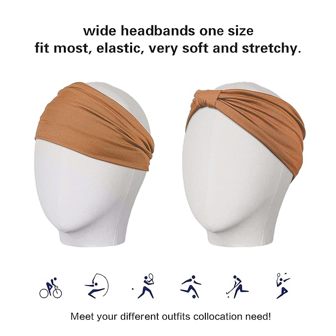 GiLi 2 Pack Wide Headbands for Women Boho African Knotted Non Slip Fashion Hair Bands Yoga Running Sports Workout Gym Head Wraps Elastic Soft Cotton Cloth Turbans Bandana for Girls (Brown,Red)