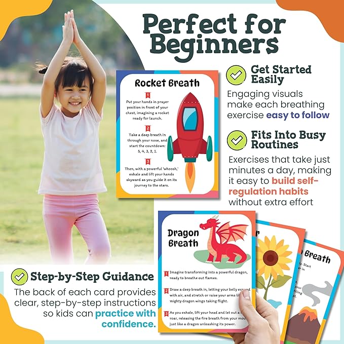 Breathing Cards for Kids – Mindfulness & Calming Corner Kit Must Haves, Yoga & Speech Therapy Materials, Special Education Classroom Office, Social Emotional Learning, Mindful Sensory Play Activities