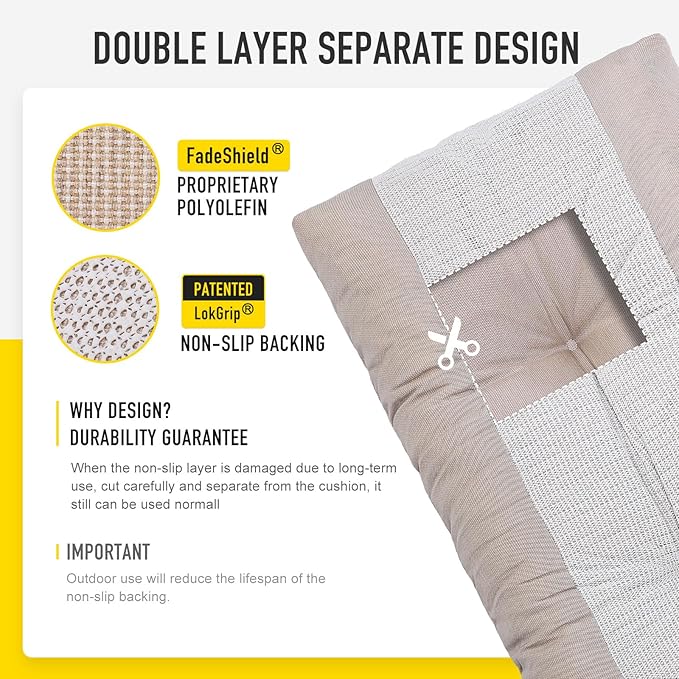 SUNROX LokGrip Non Slip Tufted Memory Foam Bench Cushion, FadeShield Water Resistant Durable Thicken Outdoor/Indoor Bench Seat Pads 51x16x4 inch, Husk Birch