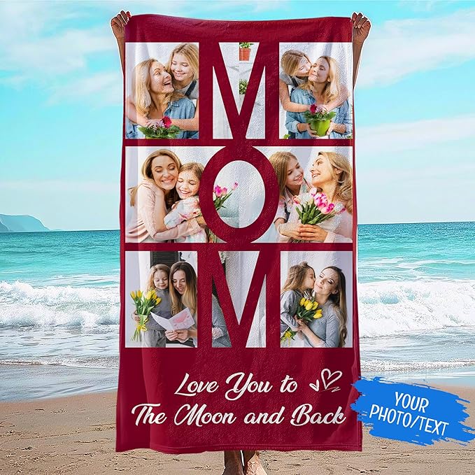 JML Mothers Day Birthday Gifts for Mom from Daughter Son, Personalized Beach Towel with Photo, Custom Beach Towel Gift for Mommy, Grandma, Women, Wife Anniversary Family Day, Summer, Holiday
