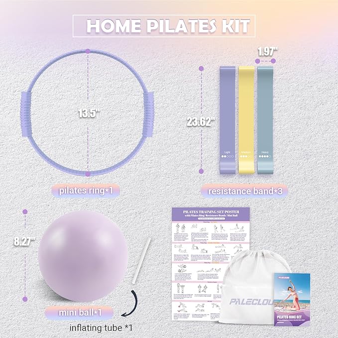 Pilates Essentials Kit for Women, 13.5" Pilates Ring and Ball Set with Resistance Bands for Home Workouts, Portable Pilates Kit with Bag & Training Poster for Full Body Exercise
