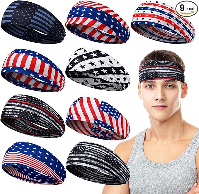 9 pcs Sweatbands for Men Workout Sport Headbands for Men Camo Headband Sweat Absorbing Headband Wide Sweatband for Head Basketball Football Cycling Running Yoga, 4.7 x 9.8 Inch