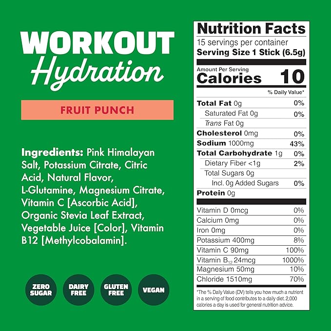 Waterboy Workout Hydration | 2,960mg Sugar Free Electrolyte Powder Packets | L-Glutamine + Vitamins | No Sugar, All Natural, Gluten Free | 15 Drink Stick Mixes (Fruit Punch)