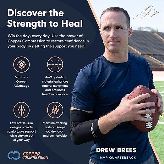 Copper Compression PowerKnit Elbow Sleeve - Seamless Elbow Brace for Men & Women - Pain Relief for Tendonitis, Tennis Elbow, Golfers, Weight Lifting - Fits Right or Left - 1 Sleeve - S/M