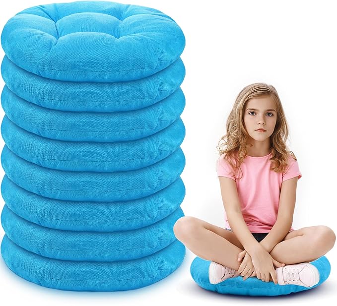 Fumete 8 Pcs 16 Inch Round Floor Cushions for Kids and Toddlers, Flexible Seating Classroom Furniture Floor Pillow for Home, Daycare, Preschool, Yoga and Meditation (Ice Blue)
