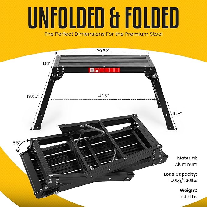 Folding Work Platform Stool – Holds 330 lbs - 19.68" H x 29.52" L Platform Step | Lightweight & Heavy-Duty | Black Aluminum Step Stool - Large Standing Surface - Easily Stored & Anti-Slip