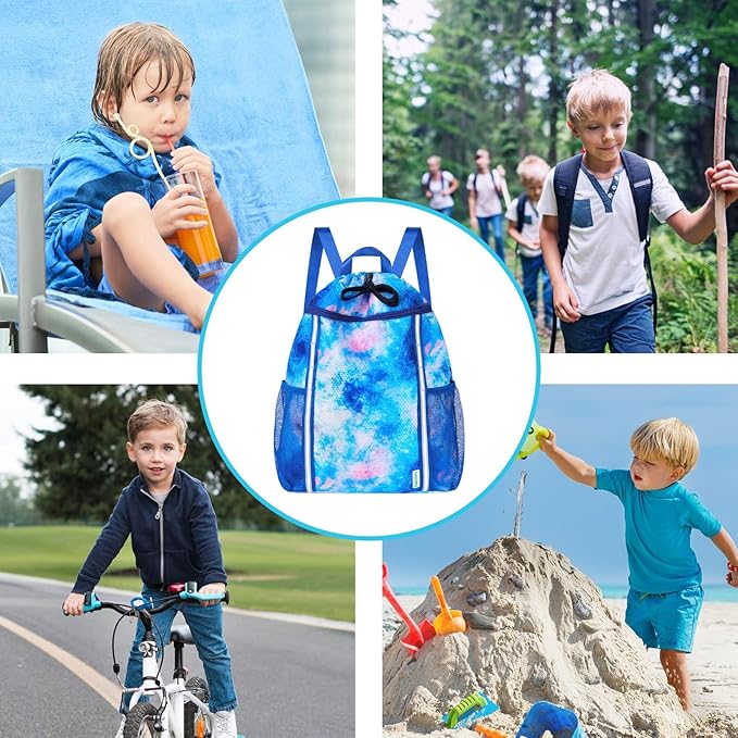 WAWSAM Kids Gym Drawstring Backpack String Bag, Tie Dyed Sports Gym Bag for Kids Girls Waterproof Swimming Beach String Cinch Backpack with Two Water Bottle Pocket