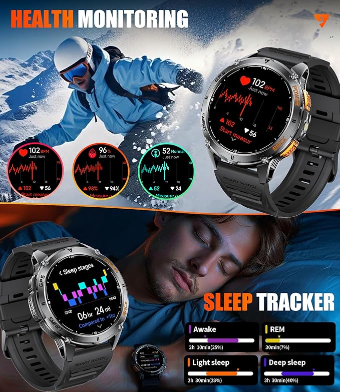 GPS Smart Watch for Men with LED Light/530mAh Battery, 1,43'' AMOLED Military Smartwatch with Compass/Barometer/Altimeter, Heart Rate/Sleep, 5ATM Waterproof Fitness Watch for Android iOS, Black