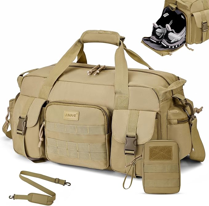 Duffle Bag for Men Women, Gym Bags & Tactical Duffle Bag with Shoe Compartment, Weekender Overnight Bag for Travel Workout, Khaki
