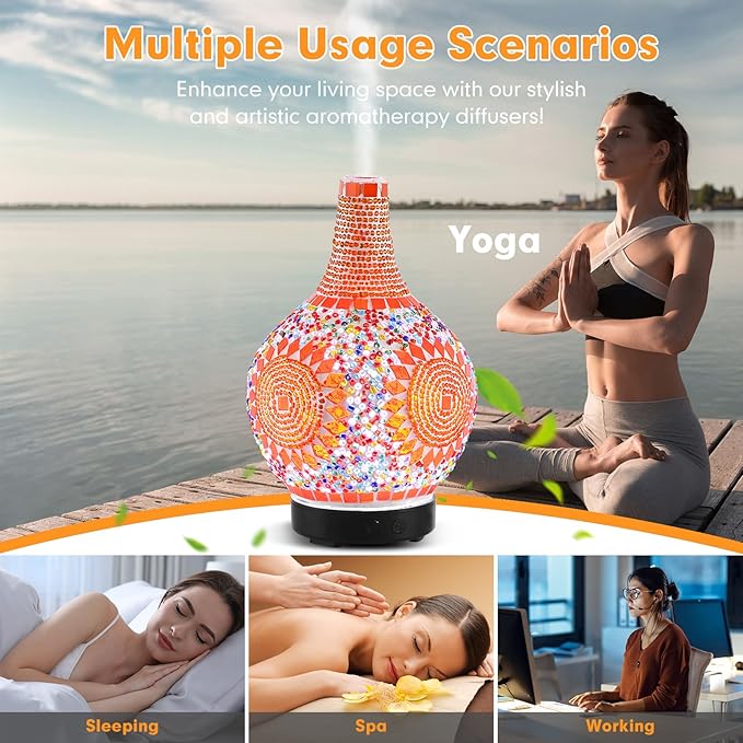 Mosaic Glass Diffuser, Tiffany Aromatherapy Diffuser 7 Color Changing Turkish LED Cold Air Diffuser Sunflower Moroccan Essential Oils for Diffusers for Home Office