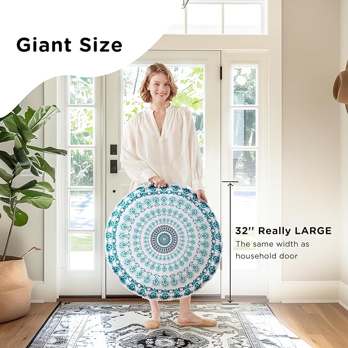 Codi Meditation Floor Pillow, Round Large Pillows Seating for Adults, Bohemian Mandala Circle Cushion for Outdoor Fireplace Yoga Living Room, 32 Inch, Memory Foam Added, Aqua