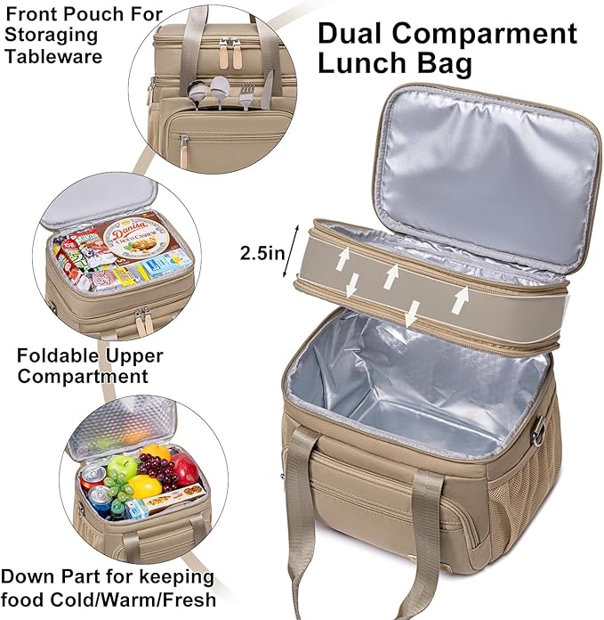 Weitars Insulated Lunch Box for Women Men-Dual Compartment Waterproof Reusable Large Lunch Bag Wide-Open Tote Cooler Bag for Working Picnic Hiking (15L) (Kahki)