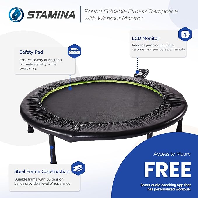 Stamina Folding Trampoline with Smart Workout App, Black - Portable Fitness Rebounder for Home Gym, Cardio & Strength Training, Jumping Exercise Equipment