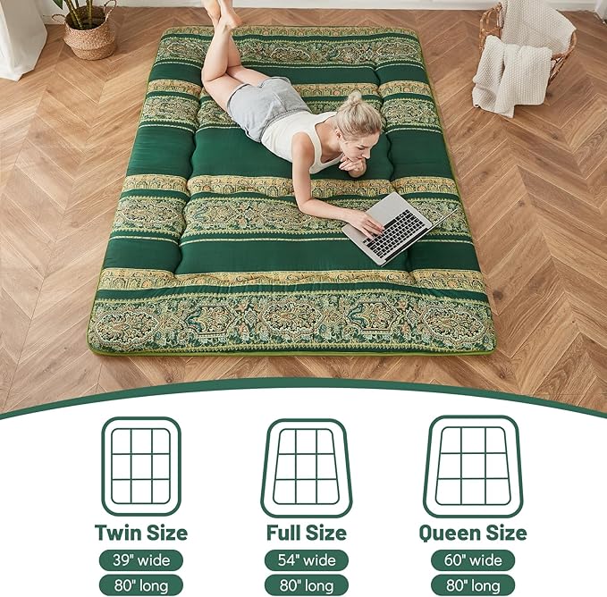 Japanese Floor Mattress, Futon Mattress with Portable Storage Bag and Washable Cover, Roll Up Thick Tatami Mat Suitable for Camping, Guest Room (Bohemian Green, Queen)