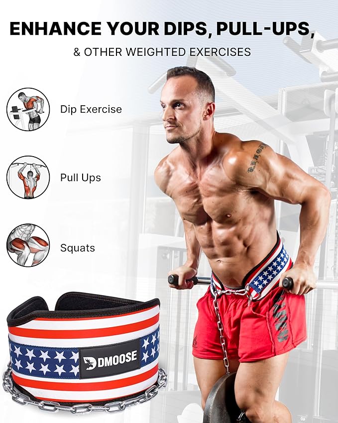 DMoose Fitness Dip Belt for Weight Lifting, Pullup, Squats & Dips - 36" Robust Steel Chain, Comfortable Neoprene Padding Supports 350lbs - Gym Weight Belt for Strength Training Workout & Weightlifting
