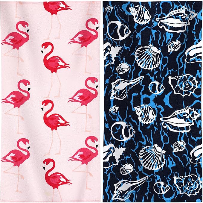 Genovega 2 Packs Oversized Beach Towel Set 36 x 72 in Large Big Pool Camping Swim Clearance Soft Towels Travel Essentials Accessories Must Haves Vacation Adult Necessities Gifts Seashells Flamingo