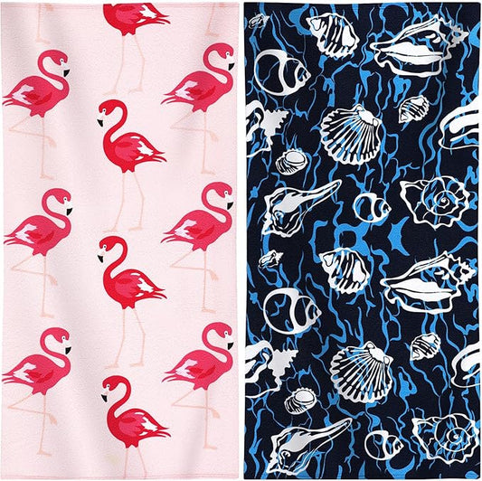 Genovega 2 Packs Oversized Beach Towel Set 36 x 72 in Large Big Pool Camping Swim Clearance Soft Towels Travel Essentials Accessories Must Haves Vacation Adult Necessities Gifts Seashells Flamingo