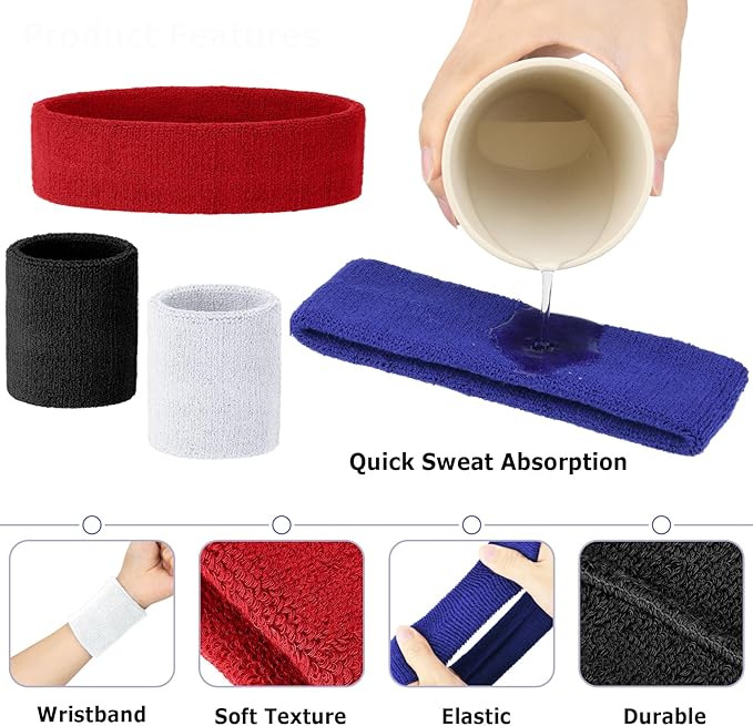 Cosmos 4 Pcs Soft Cotton Headband Sweatband Set Moisture Wicking Sports Headband + 4 Pairs of Wristband Sweatband Wrist Sweat Band Brace for Sports Outdoor Running Cross Training Yoga Workout