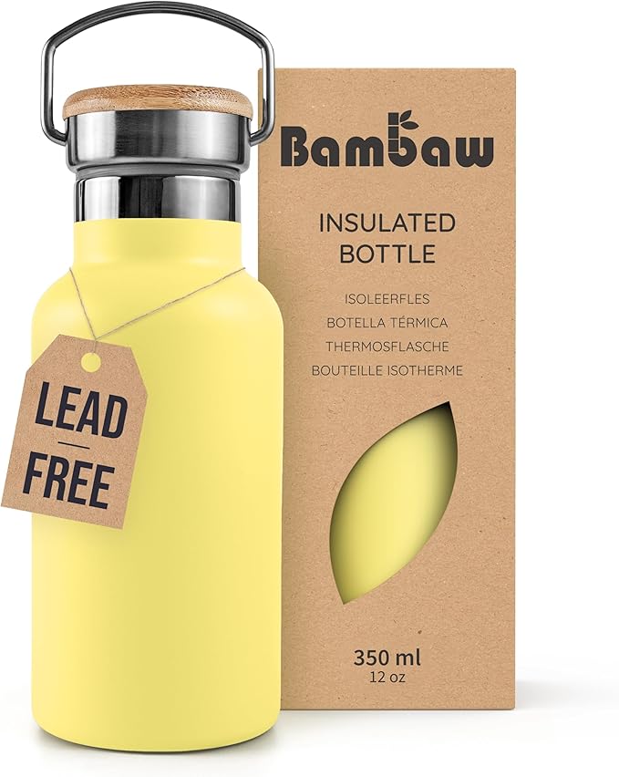 Bambaw Thermo Water Bottle 12 oz, Yellow Water Bottle, Insulated Water Bottle with Handle, Stainless Steel Water Bottle for School, BPA Free Water Bottle Screw Top, Metal Water Bottle – Yellow Beam