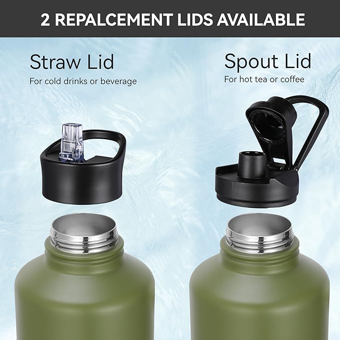 HASLE OUTFITTERS Half Gallon Insulated Water Bottles 64 oz, Stainless Steel Metal Water Jug with 2 Lids Keep Cold 48h/Hot 24h, Leak Proof & BPA-Free Water Flask Jug(Army Green,1)