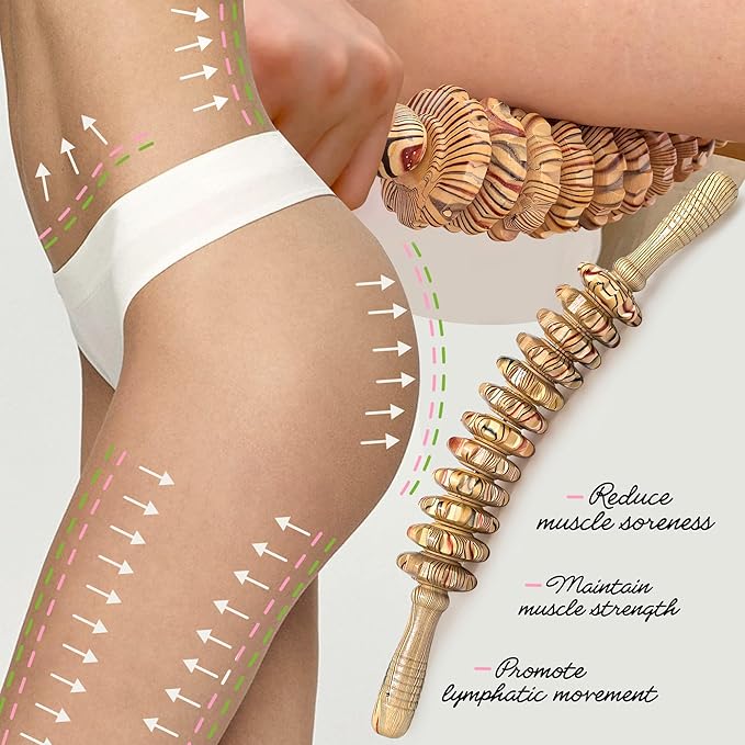 Wooden Curved Handheld Roller Stick Massager - 12 Rollers Wood Therapy Tool for Trigger Point, Fascia & Cellulite Reduction, Lymphatic Drainage, Muscle Tension Relief & Body Shaping (Wood Grain)