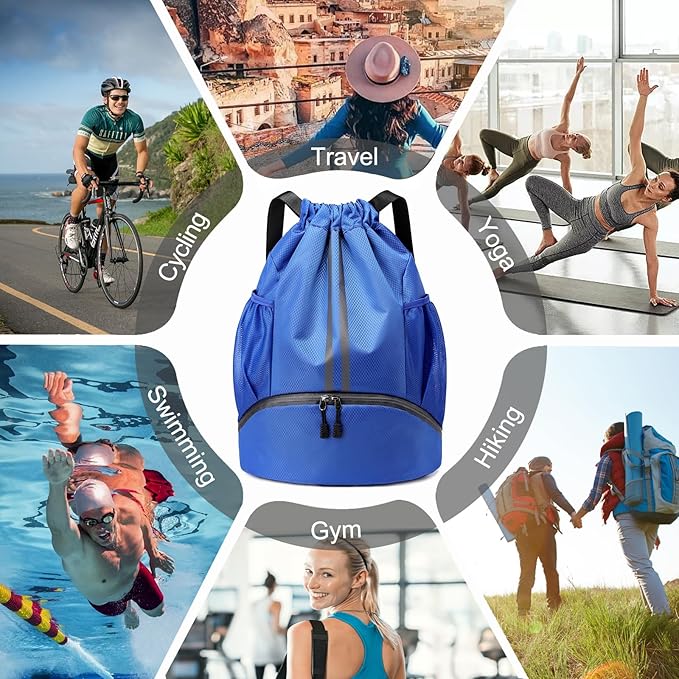 Hoedia Sports Drawstring Backpack - String Swim Gym Bag with Shoes Compartment and Wet Proof Pocket for Women&Men